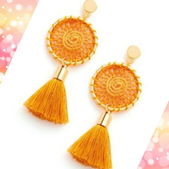 Boho Crochet Top Tassel Earrings Sunset & Gold - Picture 3 of 6